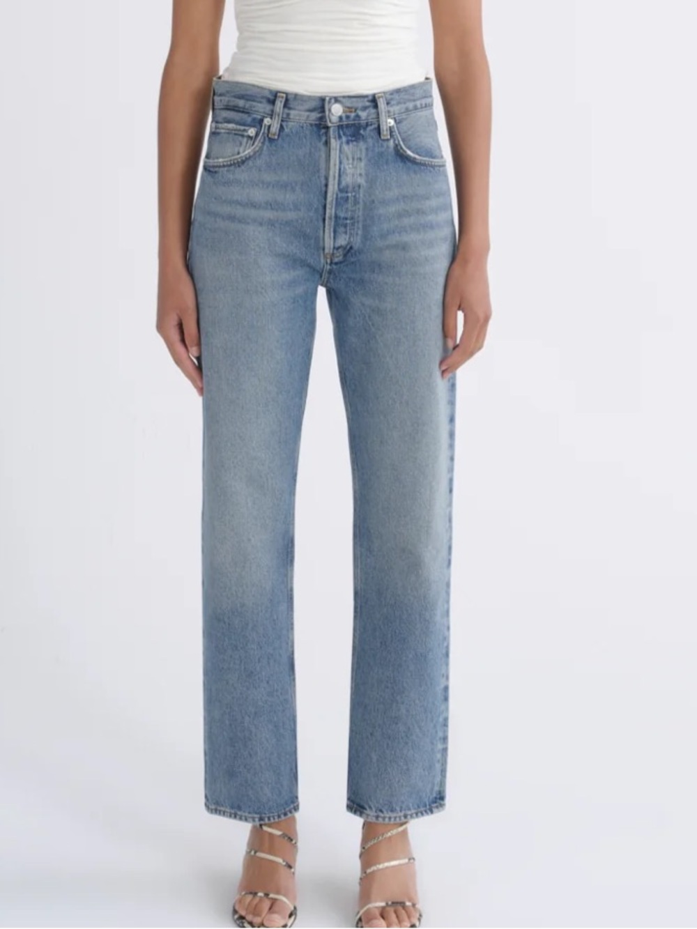 AGOLDE 90s Pinch Waist High Rise Straight Leg Jeans Blue Distressed Size 25